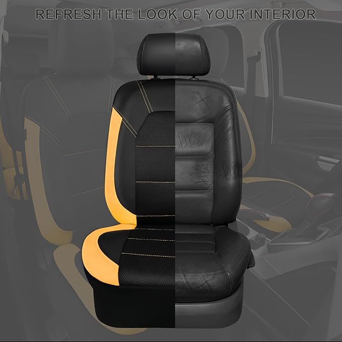 CAR PASS Leather Seat Covers, Breathable Universal Car Seat Cover Full Set for Cute Women Girly,5mm Composite Sponge Inside,Airbag Compatible Fits Most Auto,SUVs,Trucks,Vans(Full Set,Black&Yellow)