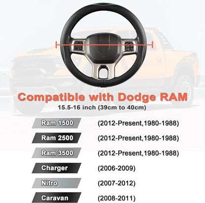West Llama Customized Auto Car Steering Wheel Cover for Dodge RAM 1500 2500 3500, 15.5-16 inch (Black+Gray Line-Large Size)