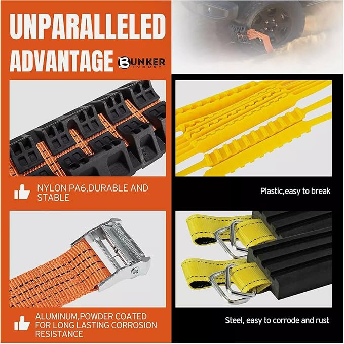 Tire Traction Straps for Trucks and SUVs – Emergency Snow Mud Skid Straps with Gloves – Strong Grip ABS Material for Enhanced Vehicle Stability and Safe Driving in Winter or Off Road Conditions