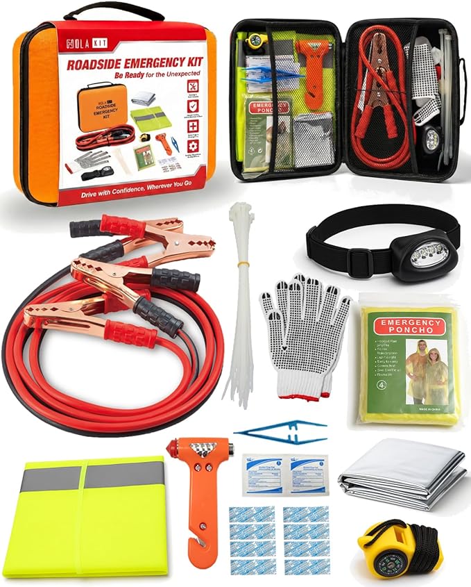 HolaKit Car Emergency Kit – Roadside Safety Kit with Jumper Cables, LED Headlamp, First Aid, EVA Bag, Poncho, Safety Vest & More – Ideal for Cars, SUVs, Teen Drivers & Families