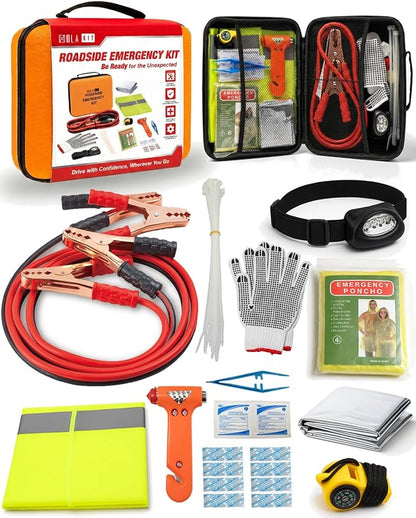 HolaKit Car Emergency Kit – Roadside Safety Kit with Jumper Cables, LED Headlamp, First Aid, EVA Bag, Poncho, Safety Vest & More – Ideal for Cars, SUVs, Teen Drivers & Families