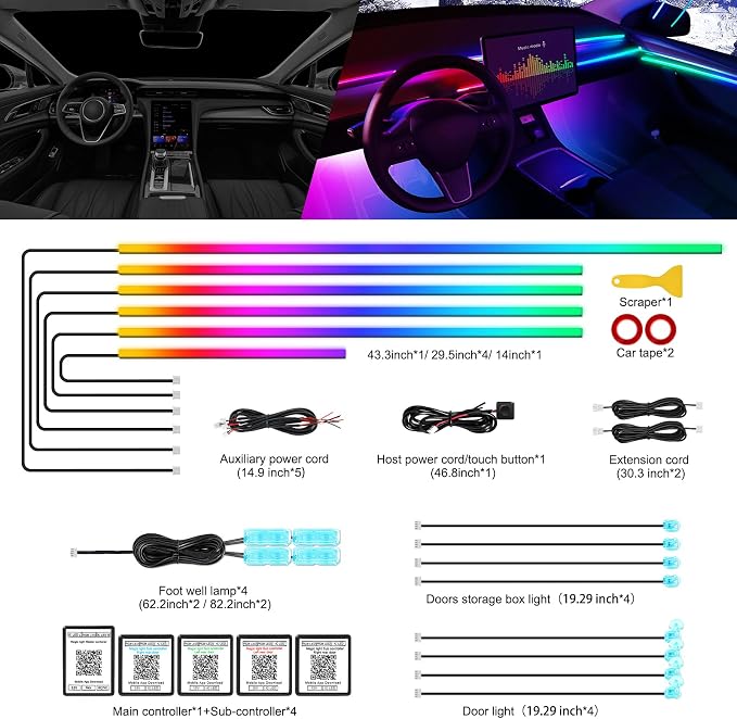 Dreamcolor Acrylic Interior Car LED Strip Light with Wireless APP, RGB 18 in 1 with 175 inches 612 LEDs Fiber Optic Strip Lights for Car, Dual Zone Symphony Neon Car Ambient Lighting