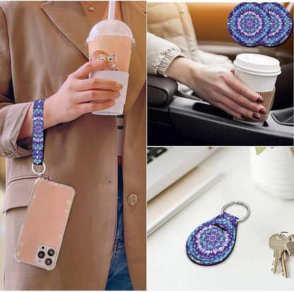 14 Pcs Purple Mandala Car Seat Covers with Steering Wheel Cover,Seat Belt Covers Cup Holder with Keychain,Novelty Purple Floral Automotive Protector Set Universal Fit Cars SUV Truckss