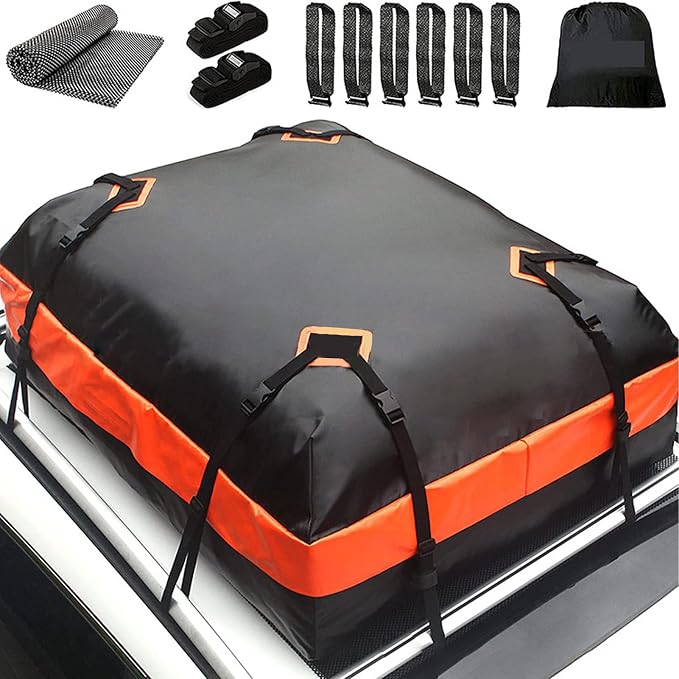 Durable Car Rooftop Cargo Carrier Bag, Universal Fit for All Vehicles with or Without Rack, Includes Non-Slip Mat, Luggage Lock, 4 Door Hooks, Storage Bag