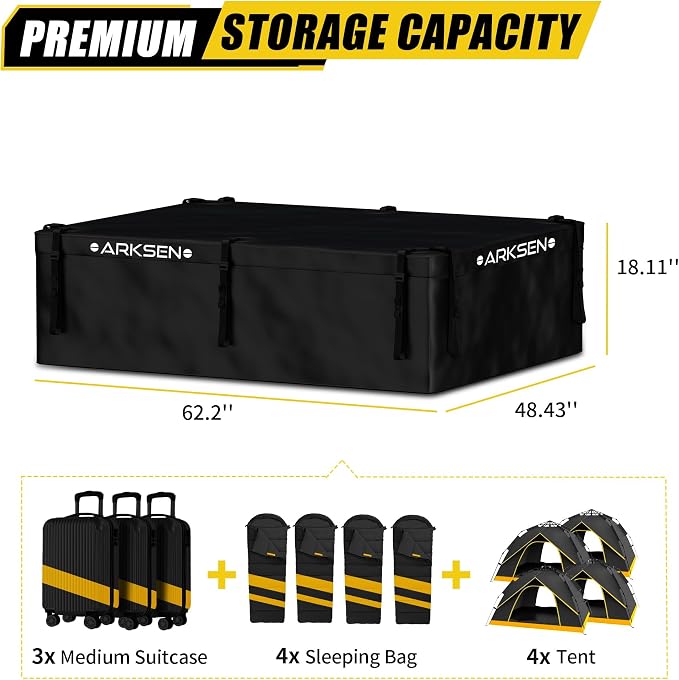 ARKSEN Rooftop Cargo Carrier Bag Extra-Wide 31.5 Cubic Feet Waterproof Heavy Duty Car Roof Rack Bag for Full-Size Cars with 10 Reinforced Straps, 6 Door Hook Straps & Anti-Slip Mat