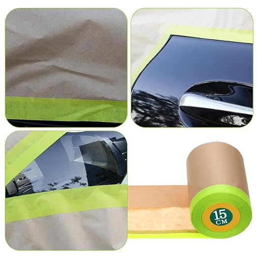 4 Rolls Pre-Taped Masking Paper, 6” x 50 Ft Adhesive Protective Painters Paper for Covering Cars, Furniture, Floors & Frames