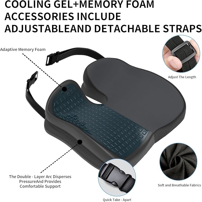 Seat Cushions for Office Chairs Wheelchair Cushion for Long Sitting Back Pain，Memory Foam Seat Car Computer Desk Chair Cushion，Coccyx Cushion for Tailbone Pain Relief Cushion Office Chair Charcoal