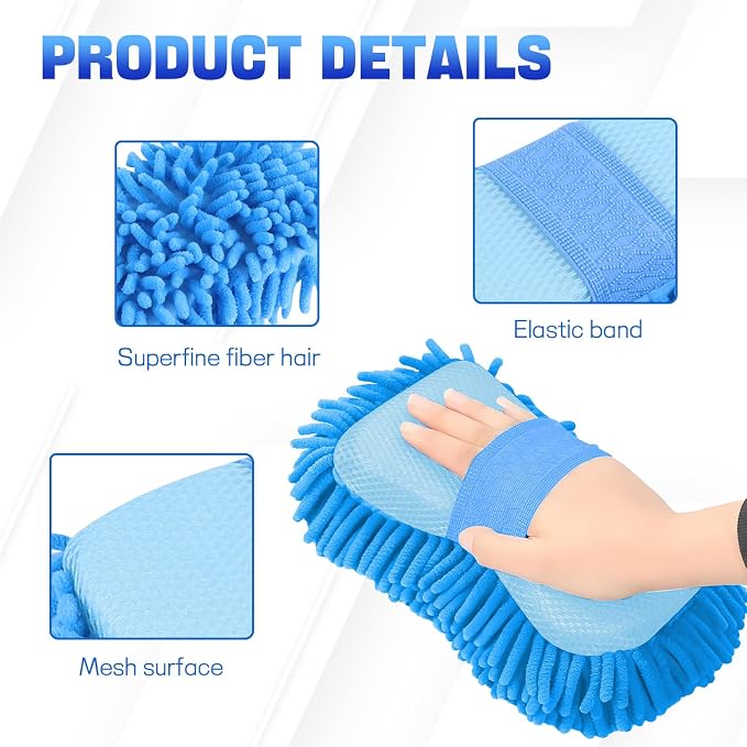 2PCS Microfiber Car Wash Sponge, Double Sided Chenille Microfiber Car Wash Mitt, Scratch Free & Lint Free, Absorbent Automotive Washing Sponges, Auto Cleaning Supplies (Light Blue)