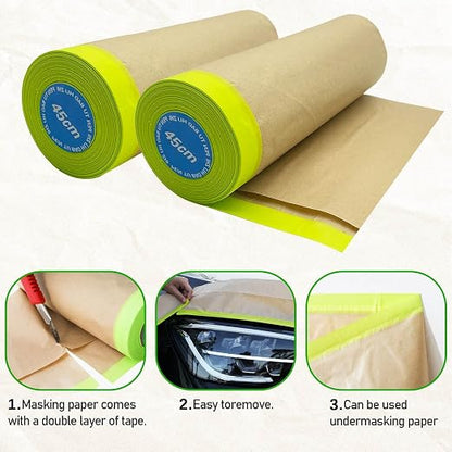 Tape and Drape, 18” x 100 feet Masking Paper for Painting, Pre-Taped Masking Paper with Adhesive, Paint Tape, Car Protection Covering Paper for Car and Furniture, Floor (2 Pack)