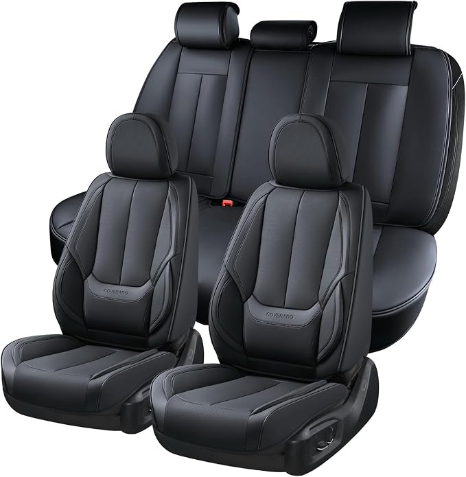 Coverado Seat Covers Full Set, Black Seat Covers for Cars 5 Seats, Car Seat Protector, Waterproof Nappa Leather Car Seat Cushion, Front and Rear Car Seat Cover Fit for Most Sedans SUV Pick-up Truck
