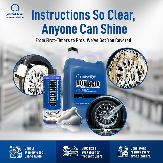 Nanoskin NON ACID Professional Wheel & Tire Cleaner 30 Gallons – Works with Tire Brush | Car Wash Cleaning Spray for Car Detailing | Removes Brake Dust, Oil, Dirt, Light Corrosion