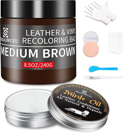 SHADAIWUYU 8.5oz Leather Recoloring Balm with 100ml Mink Oil,Medium Brown Leather Repair kit for Furniture and Car Interior,Leather Couch Scratch Repair,Leather Dye Paint,Mink Oil for Leather