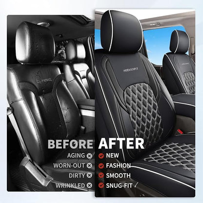 Huidasource Dodge Ram Seat Covers, Front & Rear Pickup Truck Leather Seat Cover Fit for 2009-2018 RAM 1500, 2010-2025 2500/3500 Crew Mega Cab, 2019-2025 RAM 1500 Classic only (Full Set/Black&White)