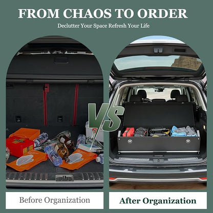 Car Trunk Organizer, Leather Car Trunk Storage Organizer with Lid and Sturdy Handle Car Organizer Storage Box Suv Trunk Organizer (Black, 40.5 x 11.4 x 12.2in)