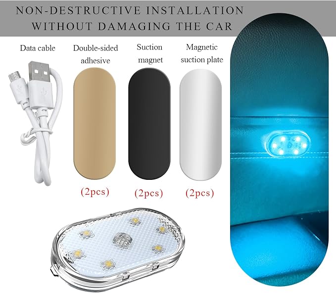 Wevdn 2 PCS Car LED Lights Interior Wireless, Magnetic Car Ambient Lighting with 6 Bright LED Lamp Beads, Portable USB Rechargeable Vehicle Interior Led Night Light for Car (Ice Blue)