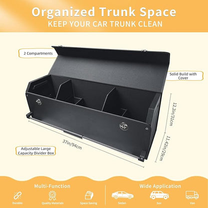 Trunk Organizer for SUV, Collapsible Leather Trunk Organizer for Car with Lid Car Storage for Sedans, Truck, Van, Jeep (Black, 37 x 11.4 x 12.2in)