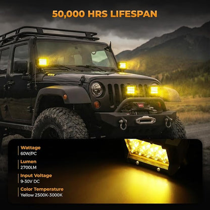 LED Pods, Turboo 4 Inch LED Light Bar Amber Flash Light, 2PCS 12000LM Off Road Light Triple Row Spot Flood Combo LED Work Driving Fog Lights for Pickup Truck ATV UTV SUV Boat Light