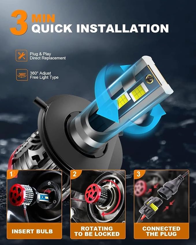 H4/9003 Light Bulb, 16000LM Super Brighter, Plug and Play,6500K Cool White H4 Off Road Light or Fog Light Bulbs Pack of 2