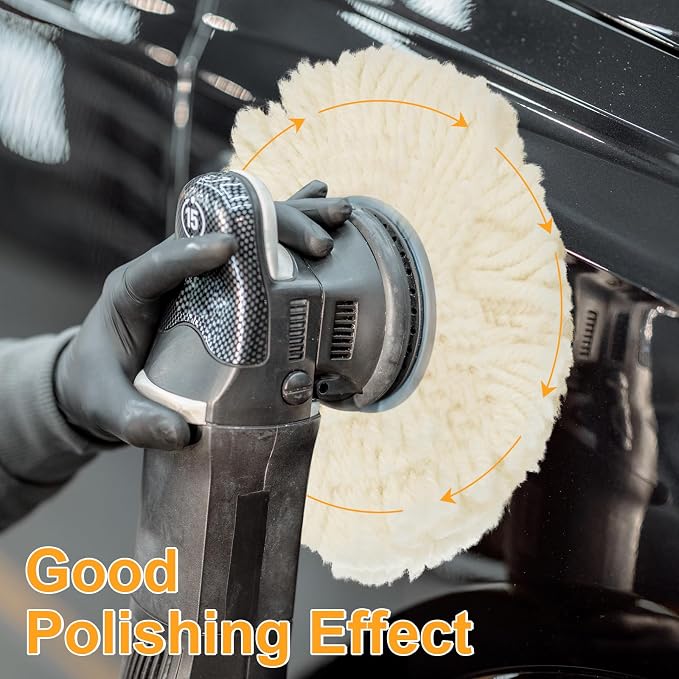 Tallew 6 Pcs 8 Inch Wool Polishing Pad Hook Loop Buffing Pad for Drill Curved Edge Compound Cutting Tool Drill Polisher Attachment Wheel Polish Kit Car Body Repair Buffing
