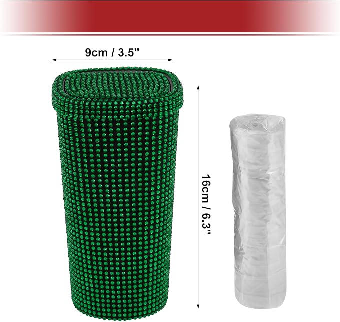 ACROPIX Car Trash Can Trash Bin Rhinestones Portable 3.5" Length 3.5" Width 6.3" Height Green Rhinestone Plastic