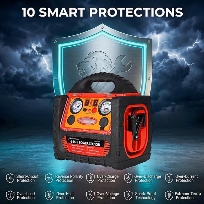 2200 Amp Car Jump Starter with Air Compressor,Portable Power Station with 260 PSI Tire Inflator,400W Power Inverter Dual AC/DC Ports,2.1A USB Port,Battery Clamps