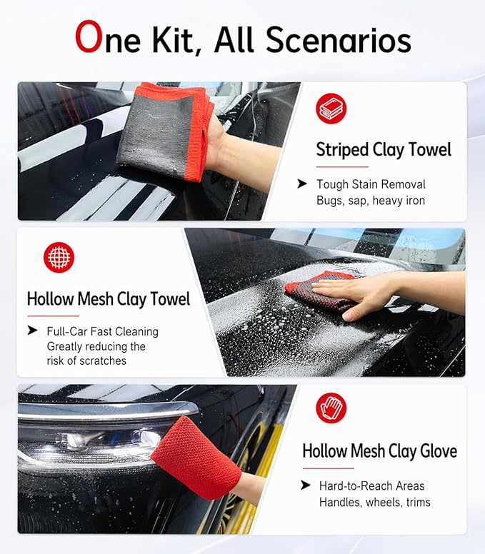 3-in-1 Clay Towel Kit for Car Detailing, 12" x 12" Clay Towels & Clay Mitt, Upgraded Rubber Polymer Coating, Synthetic Clay Bar Alternative, Remove Iron Dust, Bugs, Tree Sap & Contaminants