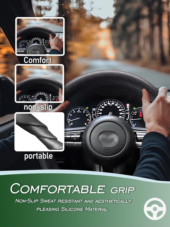 LRITER Car Steering Wheel Cover, Non-Slip Silicone Material, Multiple Color Choices, Universal Auto Parts Steering Wheel Cover, Suitable for Most Cars (Black)