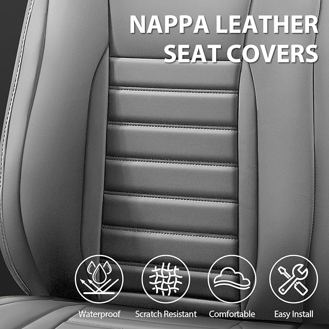 CAR PASS Nappa Leather Car Seat Covers Front Seats, Luxury Seat Protector for Cars, Waterproof Anti-Slip Seat Cushion Airbag Compatible Universal for Sedan SUV Pick-up Truck Automotive Vehicle, Gray