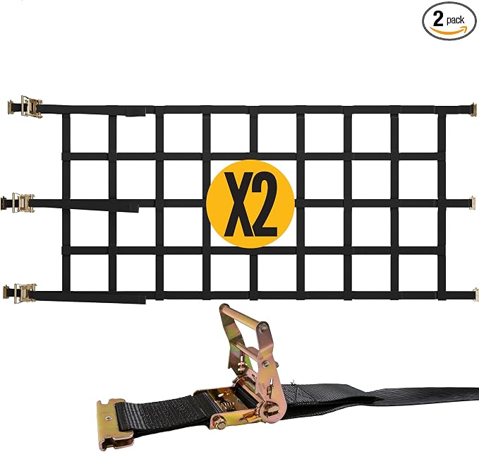 US Cargo Control E Track Cargo Nets for Trailers 82" x 42" (2 Pack), Adjustable Heavy Duty Cargo Net with Ratchets for E-Track and X-Track Systems, 8" x 8" Holes, Use in Enclosed Trailers, Box Trucks