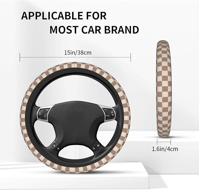 Checkered Brown Steering Wheel Cover 14-15 Inch with 2 Pcs Car Coasters | Universal Anti-Slip Breathable Suitable Men Women Checkered Car Wheel Cover Accessories