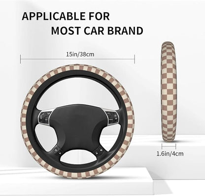 Checkered Brown Steering Wheel Cover 14-15 Inch with 2 Pcs Car Coasters | Universal Anti-Slip Breathable Suitable Men Women Checkered Car Wheel Cover Accessories
