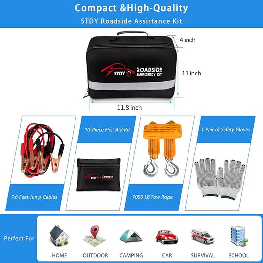 STDY Car Roadside Emergency Kit, Vehicle Truck Safety Road Side Assistance Kits Auto Accessory, with Jumper Cables, Car Vacuum, etc