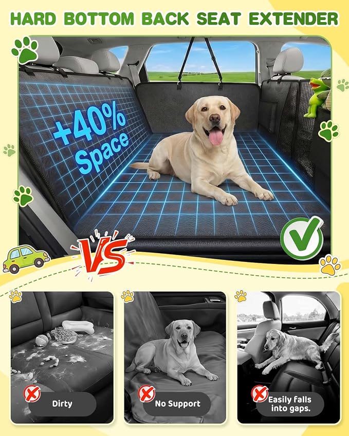 Back Seat Extender for Dogs, Hard Bottom Car Seat Cover Holds 440 LB, Waterproof Scratch Proof Nonslip Dog Seat Cover, Upgraded Material PU Leather Seat Covers Protector for Pet Sedan SUV Trucks