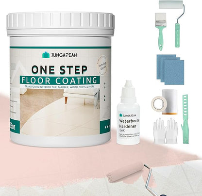 One Step Interior Floor Coating Kit, Water-based & Low Odor One-Step Floor Paint, High Hardness Waterproof Paint for Ceramic, Porcelain, Fiberglass, Hardwood, Laminate, Vinyl, 35OZ, Bella Pink