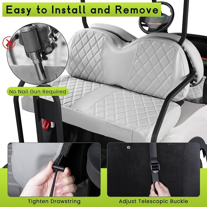 Full Set Golf Cart Seat Covers for Club Car Tempo OEM, Grey | Front & Rear Set (2-Piece), Premium Vinyl Leather Replacement Standard Cushion Covers, No Tools Needed & Easy to Clean