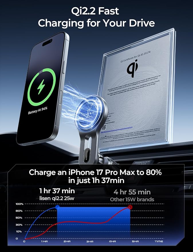 LISEN for Qi2.2 25W MagSafe Car Mount Charger, [Stable & Fast Charging] for Car Vent Magnetic Wireless Car Charger, Car Phone Holder Charger Car Accessories Fits iPhone 17 Pro Max Air 16 15 14 13 12 | [Fast Charging]Magsafe Car Mount Charger,[Qi2.2 Cer...