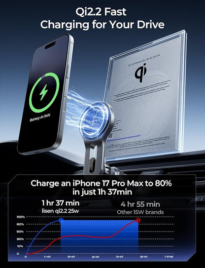 LISEN for Qi2.2 25W MagSafe Car Mount Charger, [Stable & Fast Charging] for Car Vent Magnetic Wireless Car Charger, Car Phone Holder Charger Car Accessories Fits iPhone 17 Pro Max Air 16 15 14 13 12 | [Fast Charging]Magsafe Car Mount Charger,[Qi2.2 Cer...