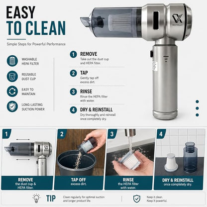 Handheld Car Vacuum Cleaner Cordless Powerful 25000Pa Suction, 3-Speed Brushless Motor Mini Portable Rechargeable Lightweight Hand Held Vacuum & Blower for Vehicle Office Home Pet Hair