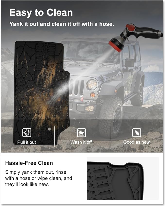 KIWI MASTER Floor Mats for 2007-2013 Jeep Wrangler JK 4-Door, OEM Replacement 82210166AC, Custom Fit All Weather Car Mats, Heavy Duty TPE Floor Liners, Front & Rear 2 Row, Black