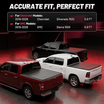 BDFHYK Hard Tri Fold Tonneau Cover Fits Chevy Silverado 1500 2019-2026 5.8 FT Bed, Crew Cab, Waterproof Low Profile Truck Bed Cover with Anti-Theft Lock, Easy Install for Camping and Work Trucks