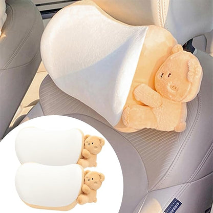 Car Headrest Pillow 2PCS Plush Bear ＆ Bunny Car Seat Headrest Pillow - Memory Foam Neck Support Cushions for Comfortable Driving, Easy Install & Washable (Brown)
