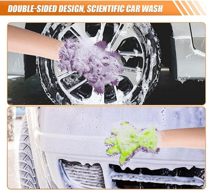 Craedli 2PCS Car Wash Mitts, Anti-Scratch Double Sided 5-Finger Microfiber Car Interior&Exterior Detailing Gloves, Soft Vehicle Chenille Dusting Mitt for Cleaning Wheel Tight Spot (Purple)
