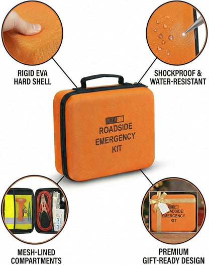 HolaKit Car Emergency Kit – Roadside Safety Kit with Jumper Cables, LED Headlamp, First Aid, EVA Bag, Poncho, Safety Vest & More – Ideal for Cars, SUVs, Teen Drivers & Families