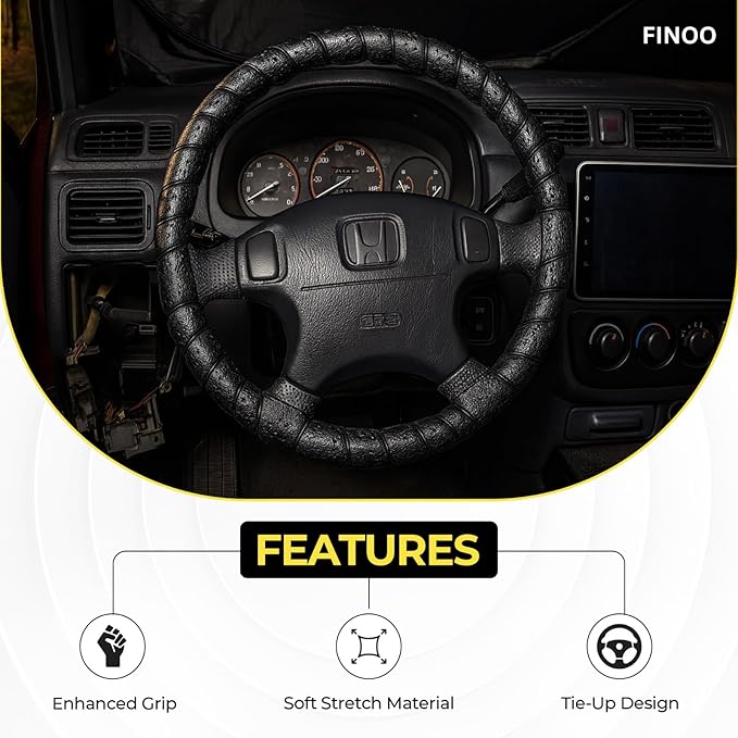 Black Lace-On Steering Wheel Cover, 14–15 Inch Universal Fit, Retro Classic Style for Cars Trucks SUVs, Stretch Grip,Accessory Auto Vehicle, DIY Install