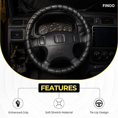 Black Lace-On Steering Wheel Cover, 14–15 Inch Universal Fit, Retro Classic Style for Cars Trucks SUVs, Stretch Grip,Accessory Auto Vehicle, DIY Install