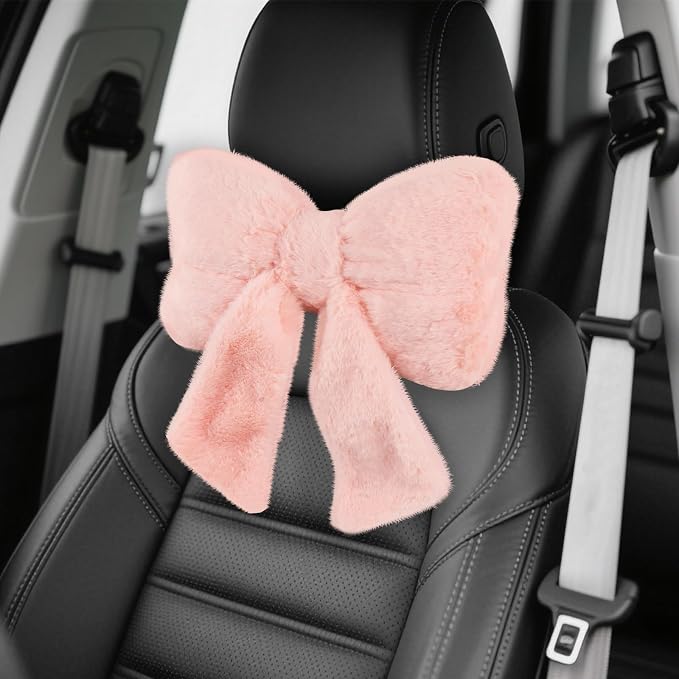 Furry Bow Car Headrest Pillow,Soft & Comfortable Car Neck Pillow for Cars Decorations & Fatigue Relief,Universal Head Rest Pillows for Cars Interior Accessories for Trucks,SUVs (Pink)