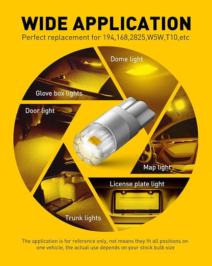 AUXITO 194 LED Bulbs Amber Yellow, Super Bright 1:1 Size, 168 175 2825 W5W T10 Car Bulbs for Dome Map Door Courtesy License Plate Lights Parking Side Marker Cornering Trunk Lights (Pack of 2)