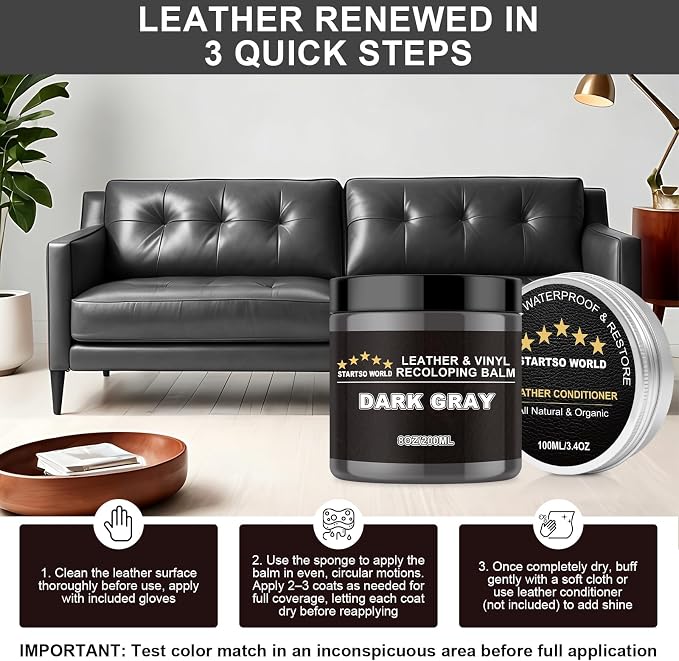 STARTSO WORLD 200Ml Leather Recoloring Balm with 100ML Leather Conditioner,Dark Gray Leather Repair Kit for Furniture, Leather Dye, Leather Scratch Repair, Leather Couch Paint