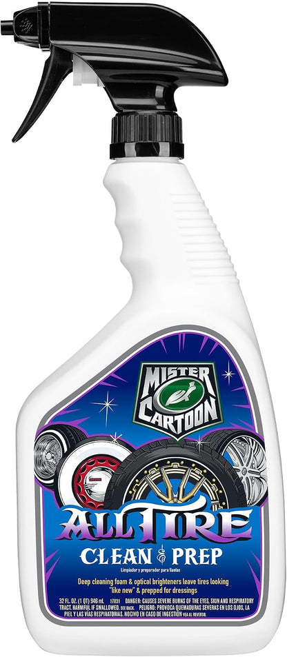Turtle Wax X Mister Cartoon 54250 All Tire Clean and Prep, Cleans and Rejuvenates, Fast-Acting Formula, Jet Black Appearance, Brightens White Walls, Perfect for Cars, Trucks and Motorcycles, 32 oz.