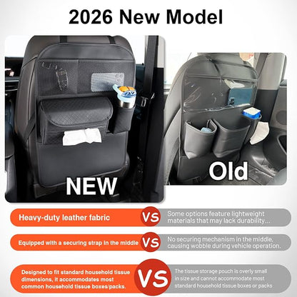 PU Leather Car Seat Back Organizer with Kick Mat Protectors, Tissue Box Storage, Cup Holder, Phone Holder for Road Trips. (Black)